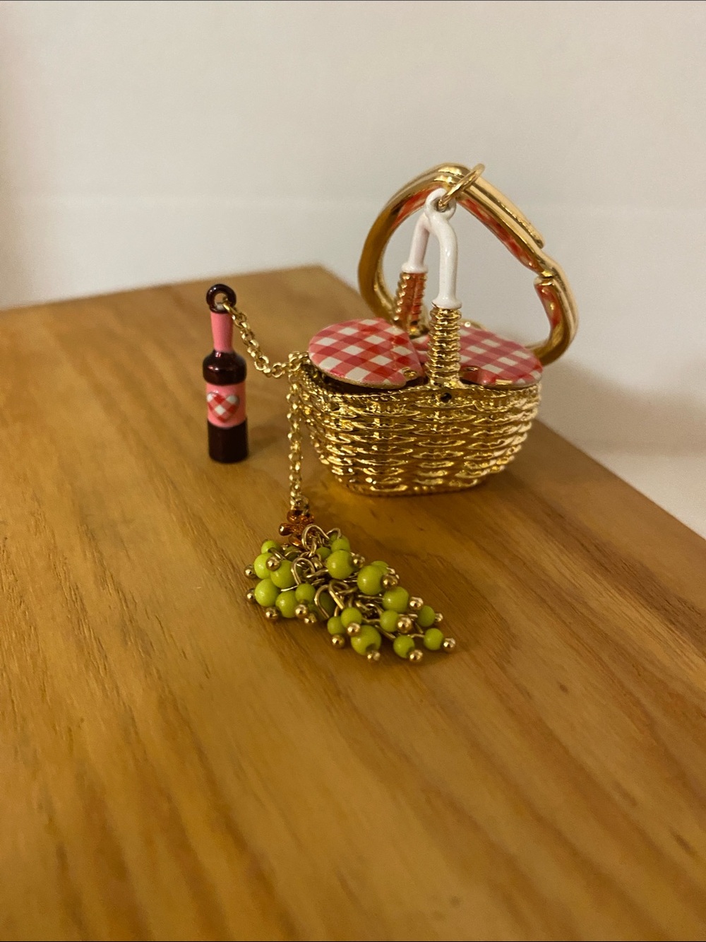 Gold Picnic Basket Keychain Bag Charm with Pink Wine Bottle and Lime Beads - Picture 6 of 9
